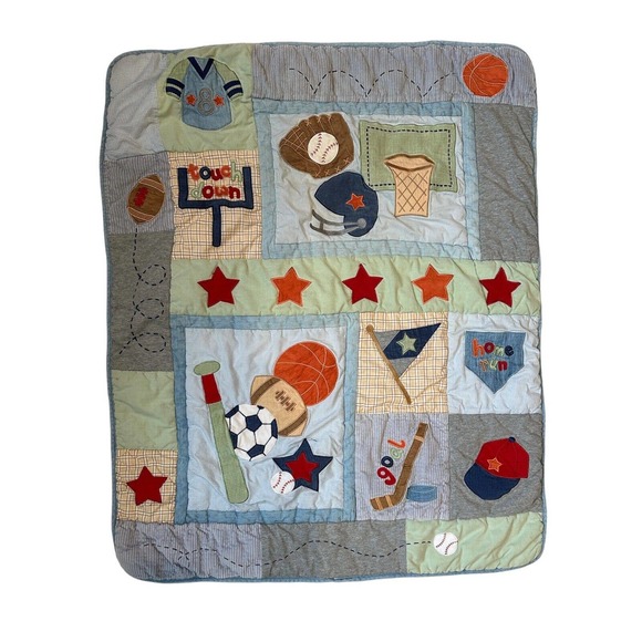 Lambs and Ivy Sports Football Baseball Basketball Stars Quilt Nursery Blanket - Picture 1 of 7
